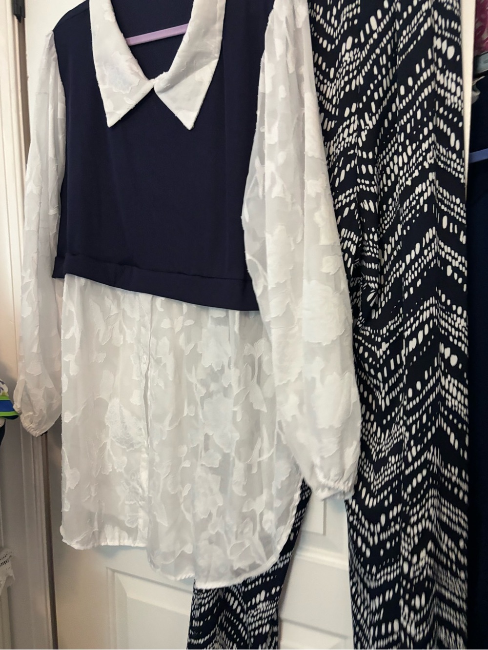 new directions Navy and White Layered Collared Long Sleeve Dress